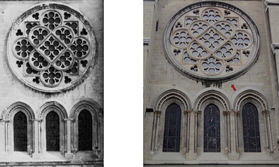 Photo extraite de "La Cathédrale de Lausanne", SHAS, 1975 et photo de l'Atelier Féroé, 2011