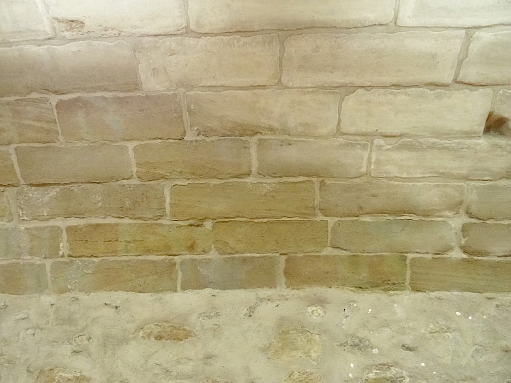 On remarque des zones où la pierre a subit des desquamations superficielles. Les infiltrations et le manque de ventilation de la salle sont à l’origine d’une accumulation d’humidité. La capilarité des molasses et la présence de joints et enduits ciment amplifient ce problème