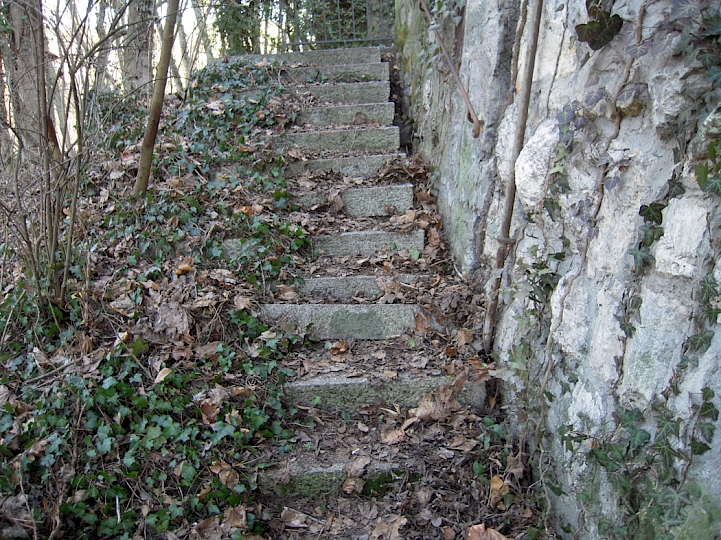 Affaissement de l’escalier et du mur de soutènement du côté forêt.