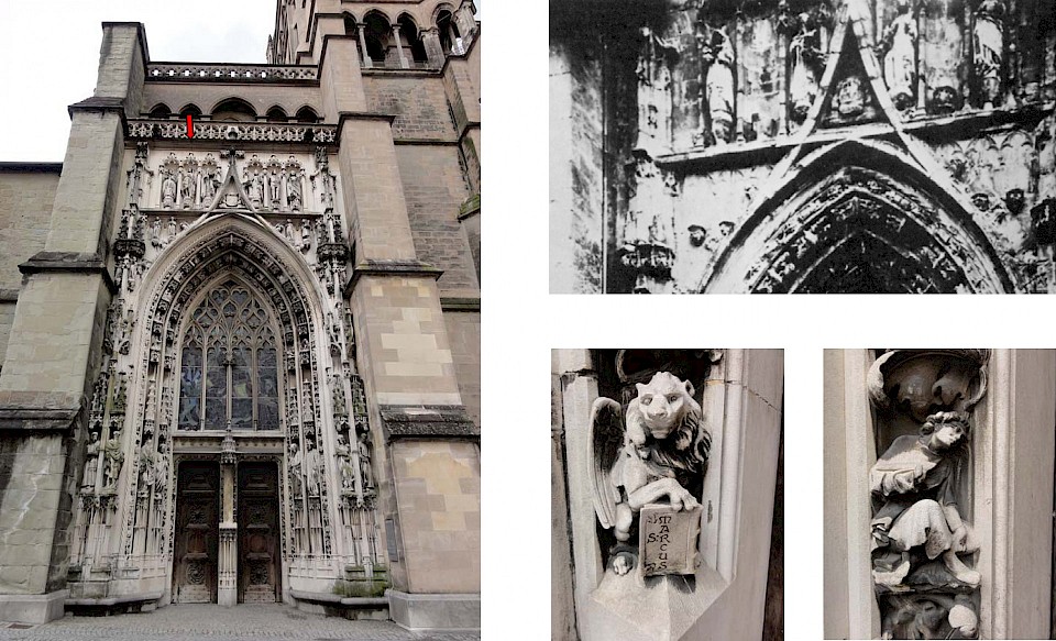 Portail occidental, état vers 1880, extrait de "La Cathédrale de Lausanne", SHAS, 1975 et photos de l'Atelier Féroé, 2011